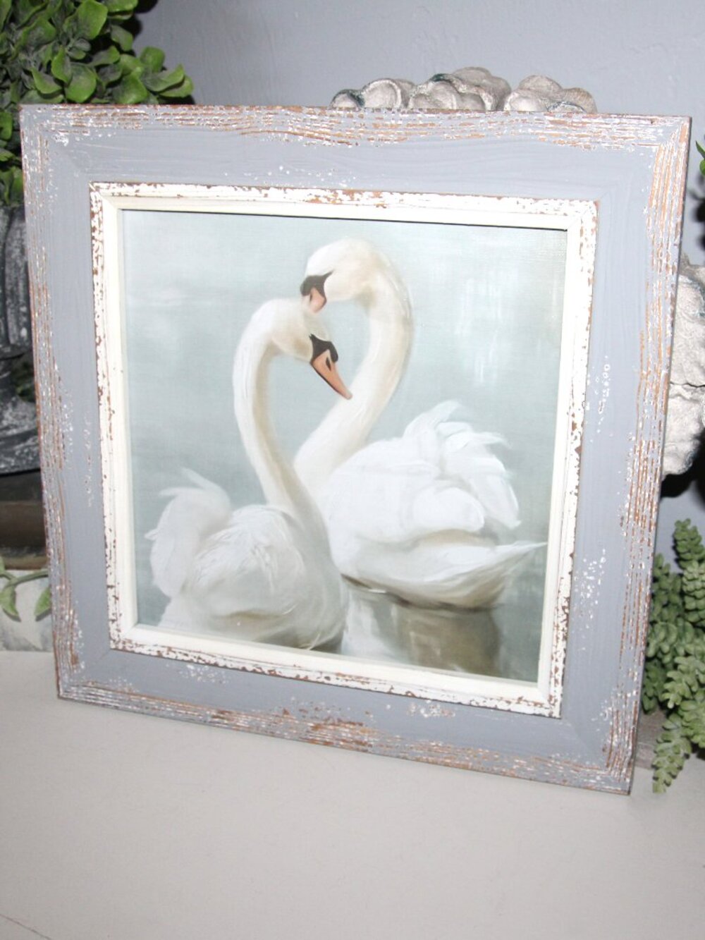 Sweet Shabby French White Swans on Water Distressed Wall Decor Picture
